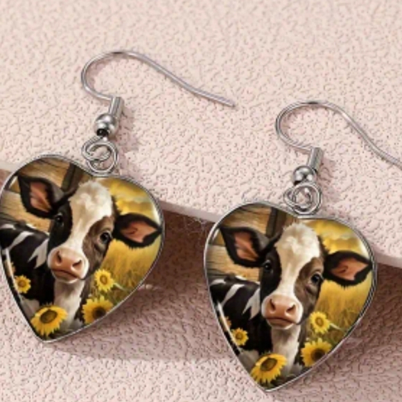2/$30 Or 3/$35 Y2K Heart-Shaped Cow and Sunflower Dangle Earrings (#044) - Picture 1 of 6